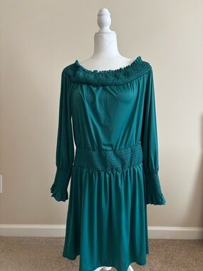 bebe Teal Off-Shoulder Long Sleeve Smocked Waist Dress